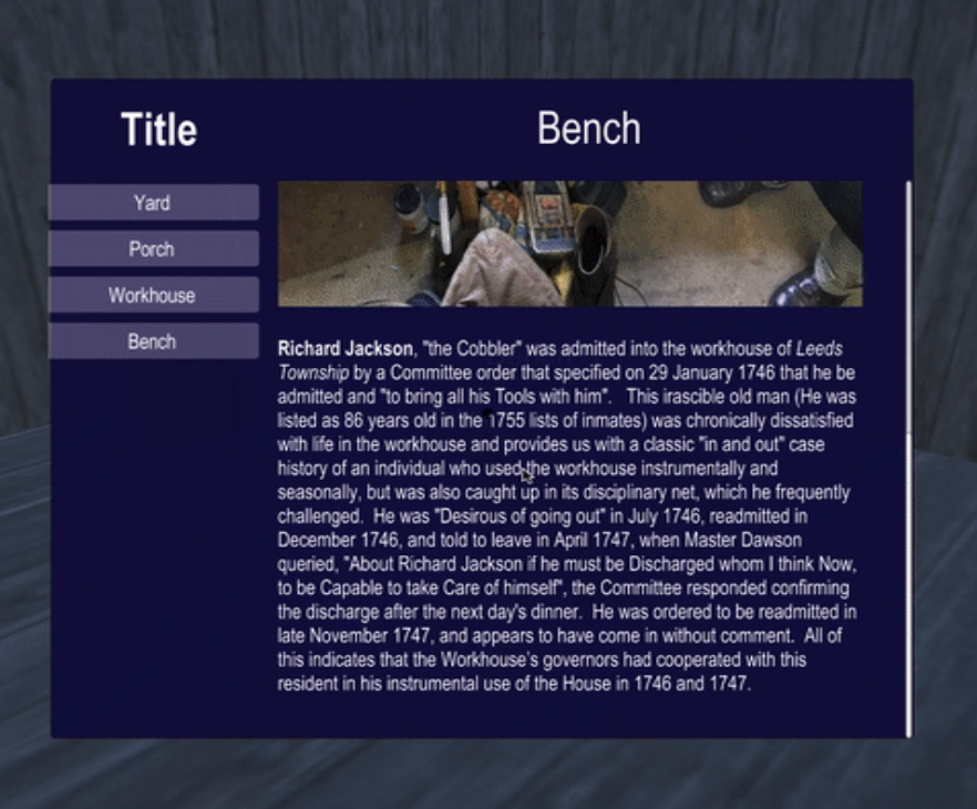 Screenshot of Prairie's journal interface.  A column on the left contains the names of different pages, and on the right is a document with images and text describing a cobbler's workbench.