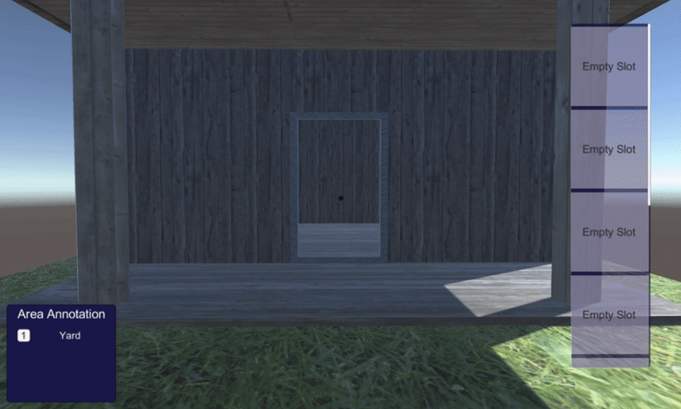 Screenshot of the regular view presented to the player in a simulation created by Prairie.  A 3D model of a house is directly in front of the player, a box in the lower left announces that historical information is available to view, and a hotbar for the player's inventory is visible along the righthand side of the screen.