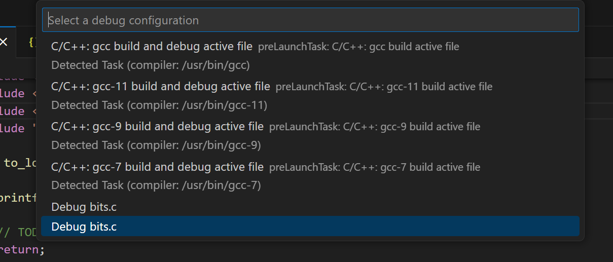 Choosing the debugging launch configuration